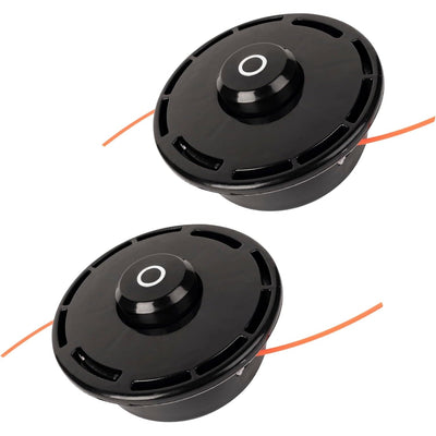 Two black 511010601 replacement trimmer heads for Redmax string trimmers.