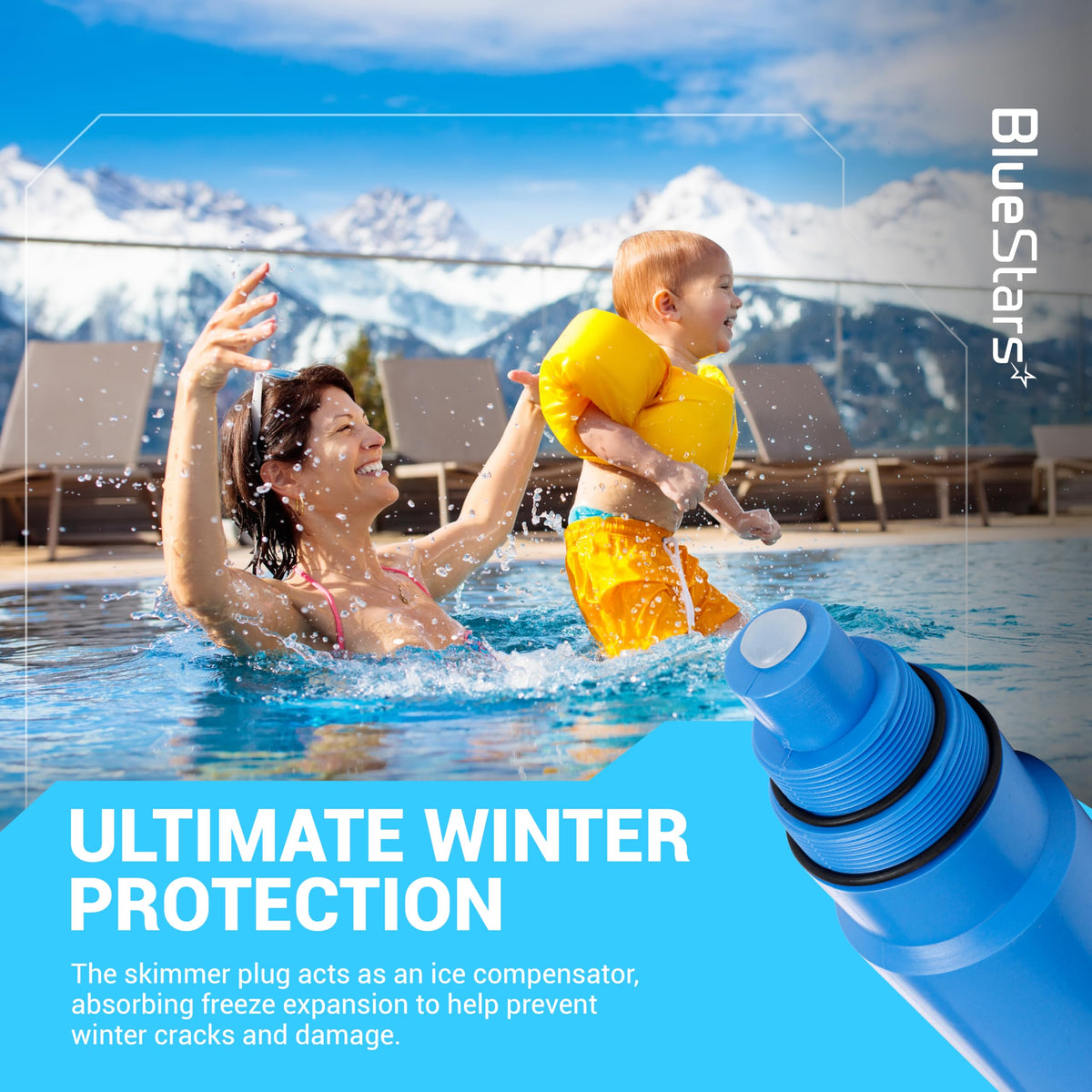 BlueStars pool skimmer winterization plug for 1 1/2 and 2 inch threaded skimmers with ice expansion protection.