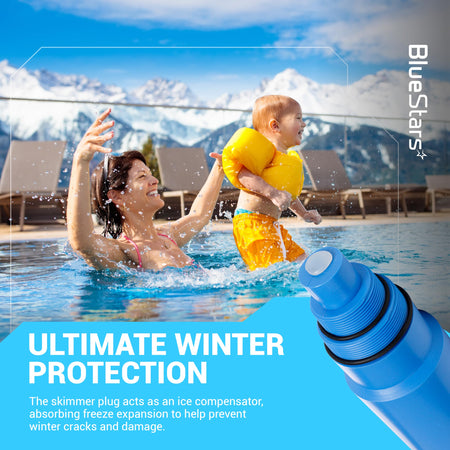 BlueStars pool skimmer winterization plug for 1 1/2 and 2 inch threaded skimmers with ice expansion protection.