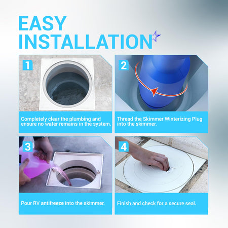 Four-step installation guide for pool skimmer guard and winterization plug in above and inground pools.