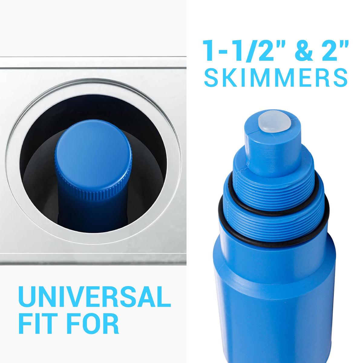 Blue pool winterization plug installed in a threaded skimmer and shown as a standalone component.