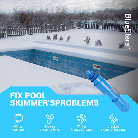 Blue pool skimmer winterization plug for 1 1/2 and 2 inch threaded skimmers shown against a snowy pool background.