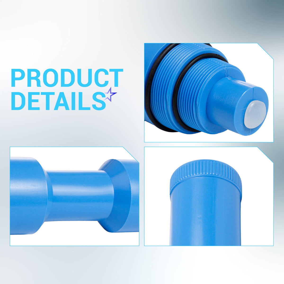Close-up product detail views of blue pool skimmer winterization plug with threaded base and rubber O-ring.