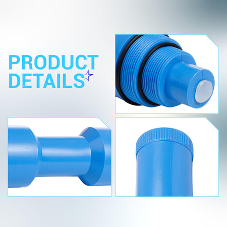 Close-up product detail views of blue pool skimmer winterization plug with threaded base and rubber O-ring.