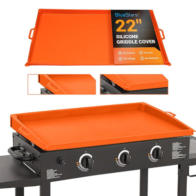 Orange 22-inch silicone griddle cover shown on a flat top grill with close-up detail views.