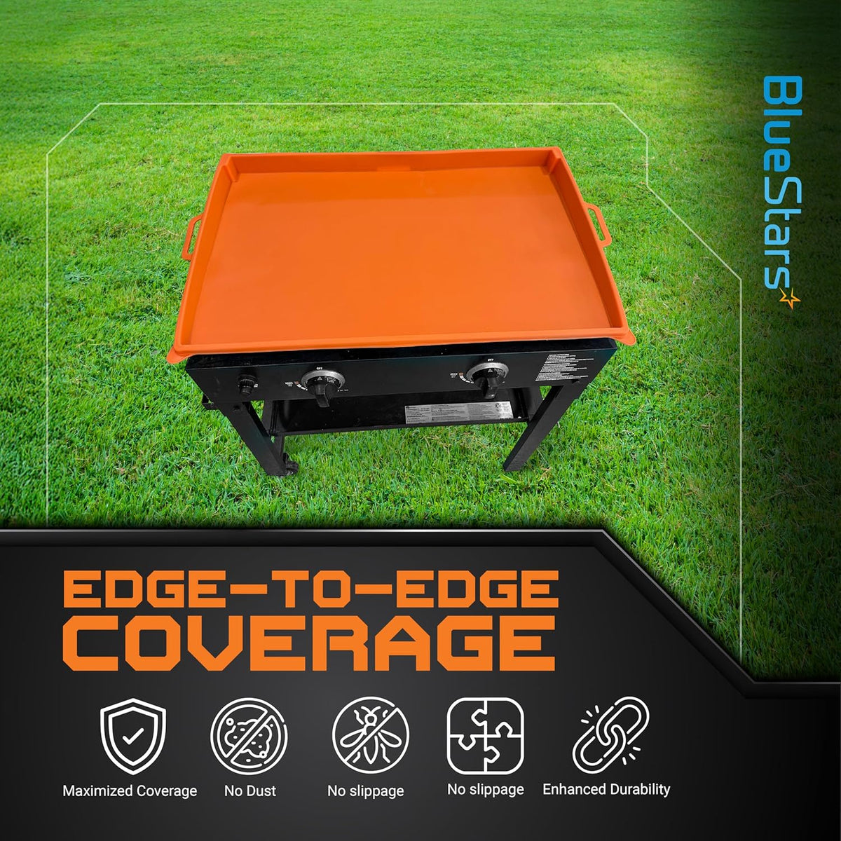 Orange 22-inch silicone griddle cover providing edge-to-edge protection on a outdoor grill.