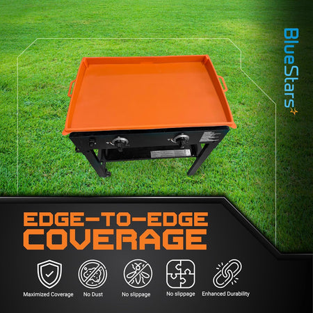 Orange 22-inch silicone griddle cover providing edge-to-edge protection on a outdoor grill.