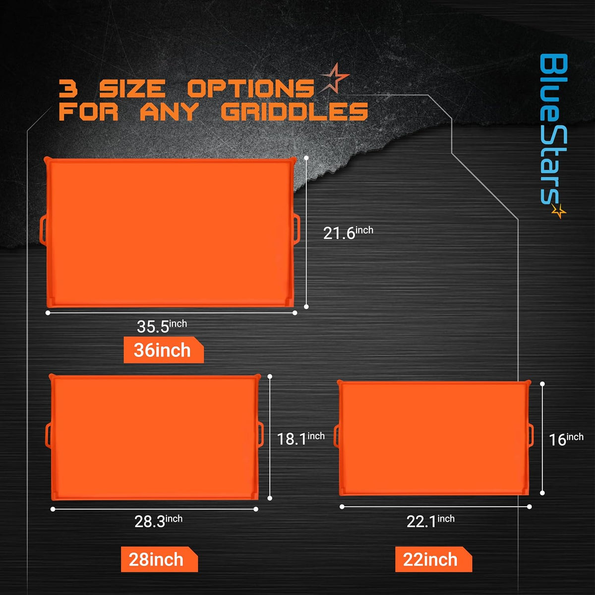 Comparison chart showing dimensions for 22-inch, 28-inch, and 36-inch orange silicone griddle covers.