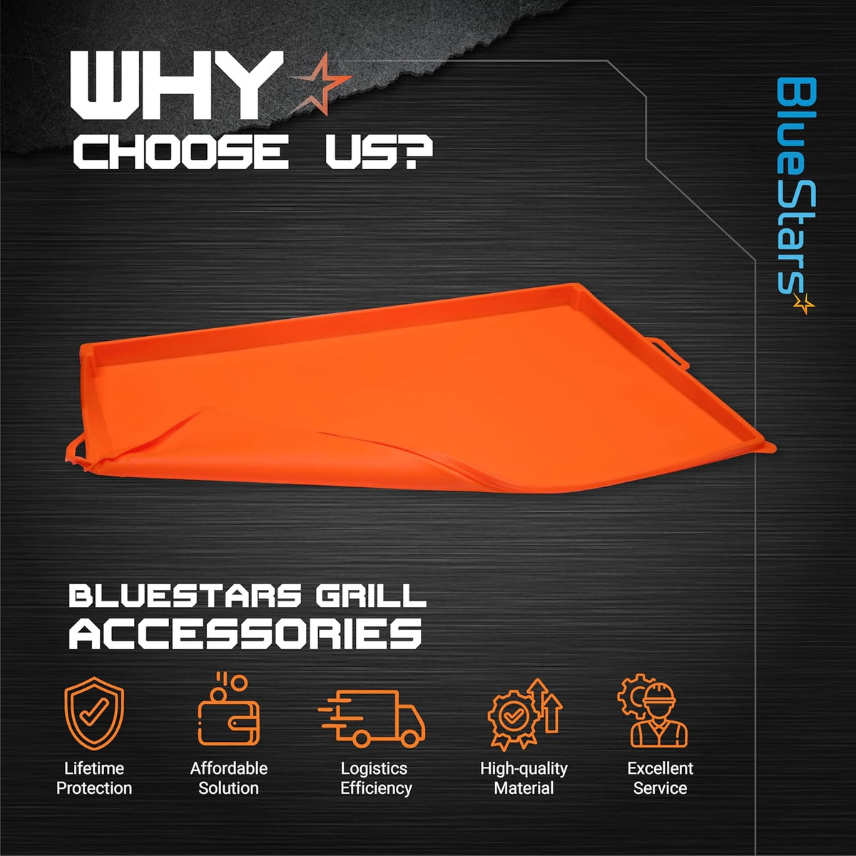 Orange 22-inch silicone griddle cover shown in a promotional graphic for BlueStars grill accessories.