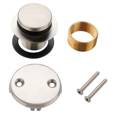 Nickel tip-toe tub drain, two-hole overflow faceplate, brass bushing, and mounting screws for standard 1.4-1.5 inch tubs.