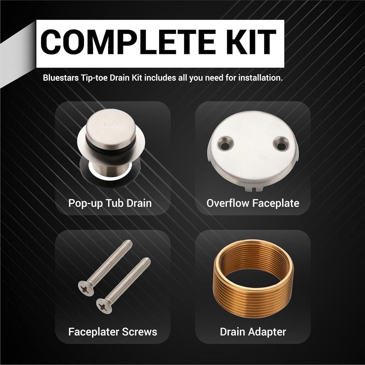 Nickel tip-toe tub trim kit components including pop-up drain, two-hole overflow faceplate, screws, and drain adapter.