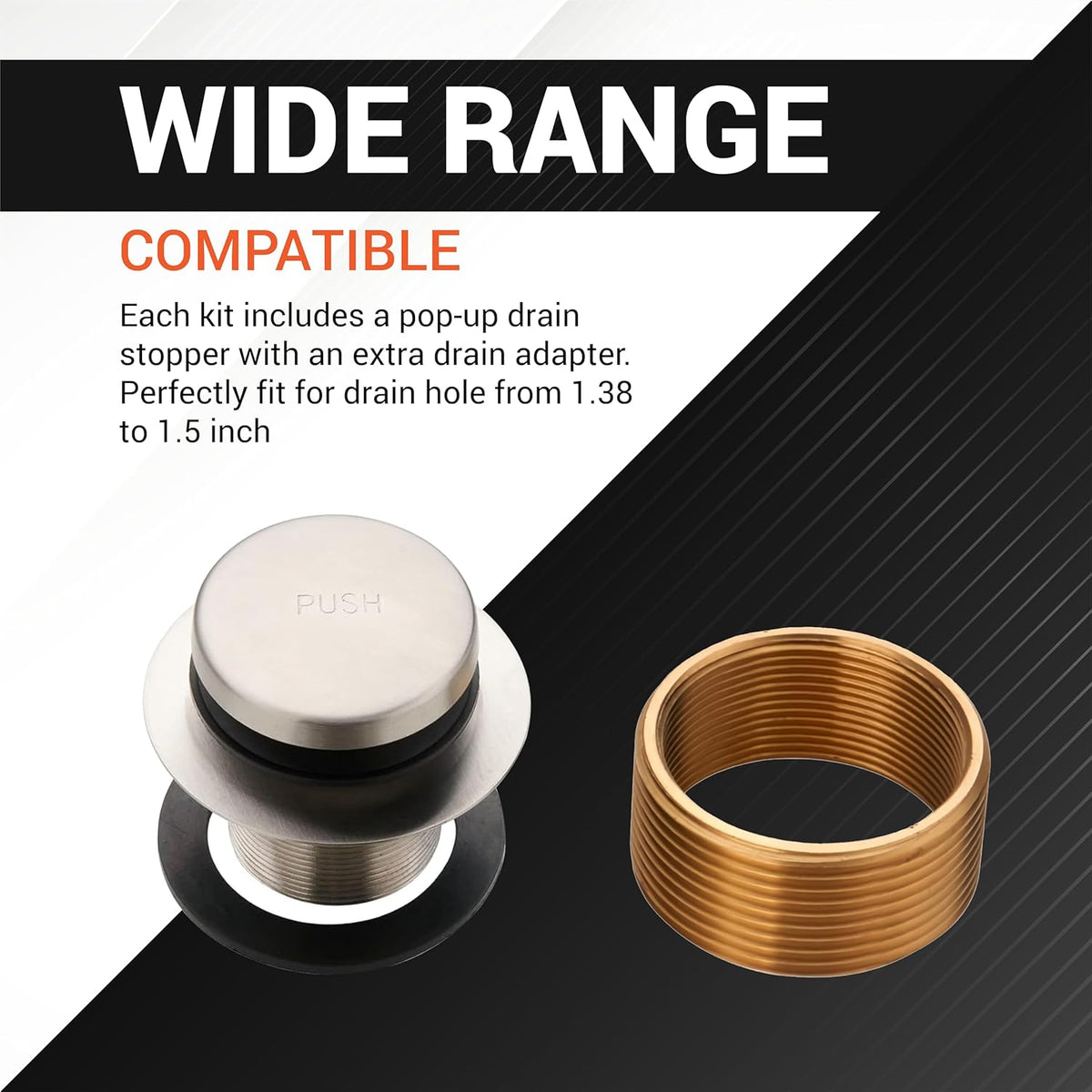 Nickel tip-toe tub drain stopper and threaded brass adapter for 1.40-1.50 inch standard drain holes.