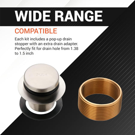 Nickel tip-toe tub drain stopper and threaded brass adapter for 1.40-1.50 inch standard drain holes.
