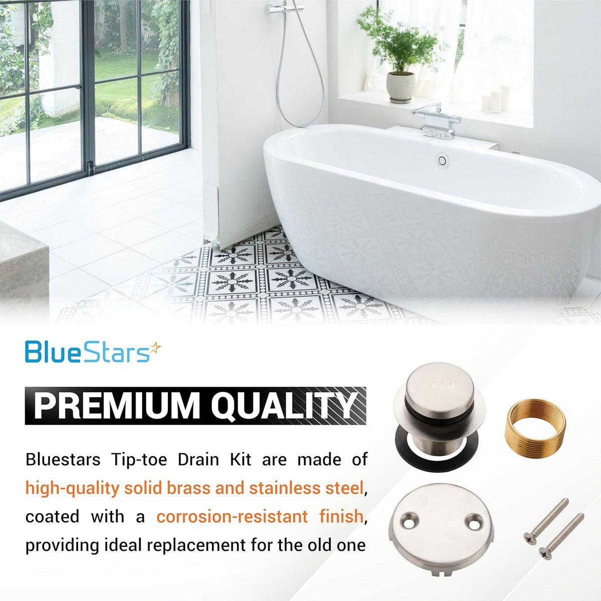 Nickel tip-toe tub drain kit with two-hole overflow faceplate and mounting hardware for standard US bathtubs.