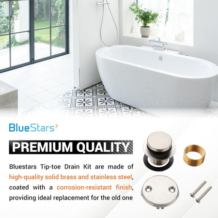 Nickel tip-toe tub drain kit with two-hole overflow faceplate and mounting hardware for standard US bathtubs.