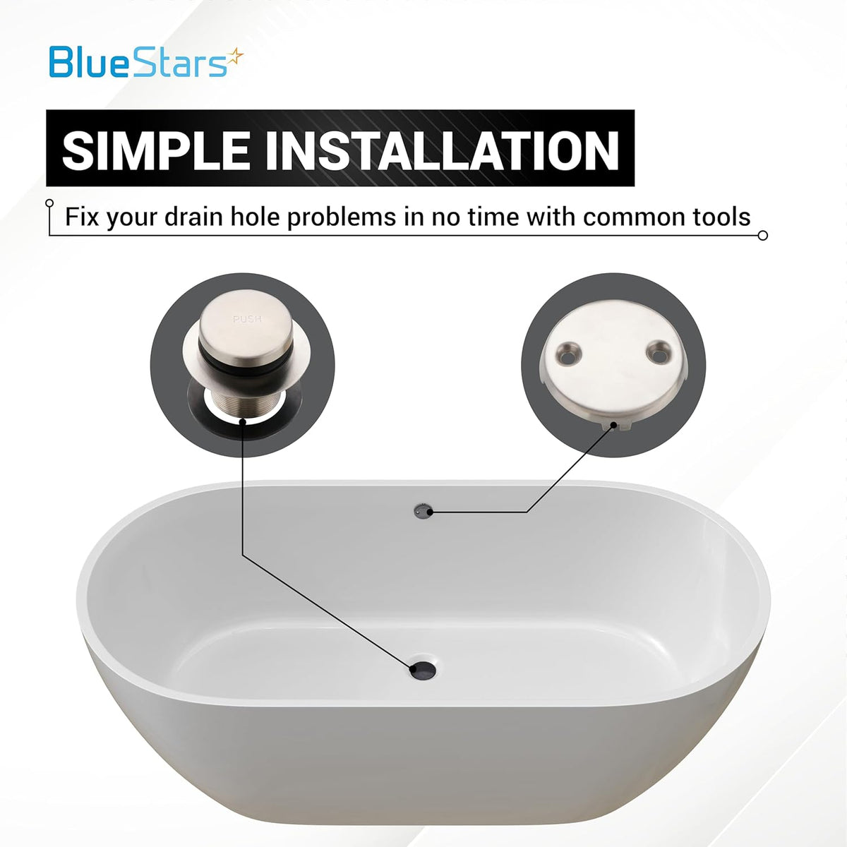 Installation diagram showing tip-toe tub drain and two-hole overflow faceplate placement on a standard bathtub.