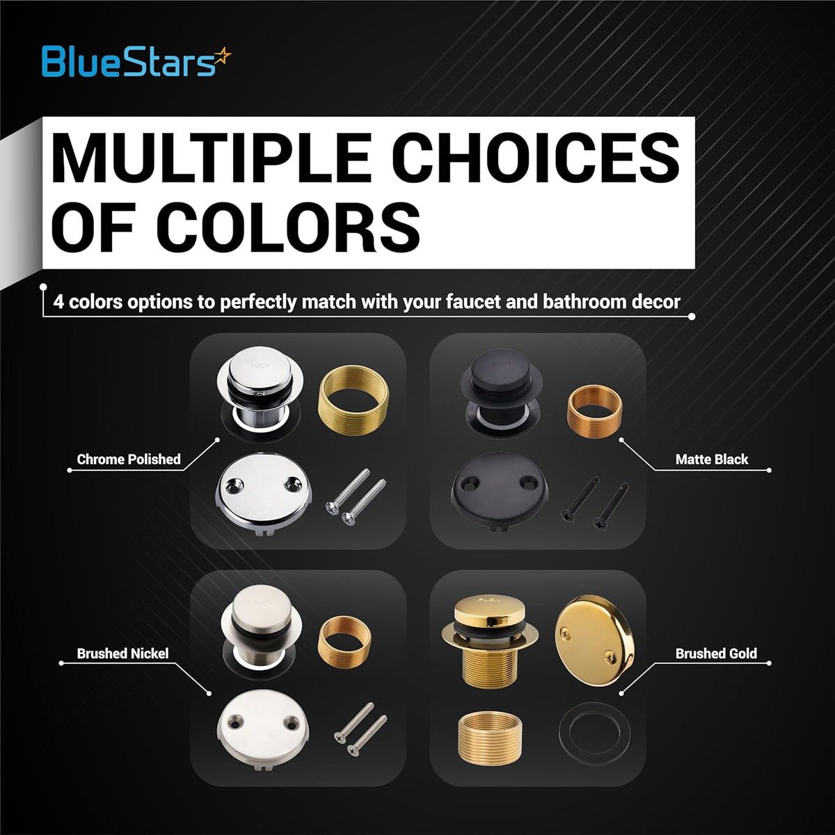 Tip-Toe Tub Trim Kit color options including chrome, matte black, brushed nickel, and brushed gold finishes.
