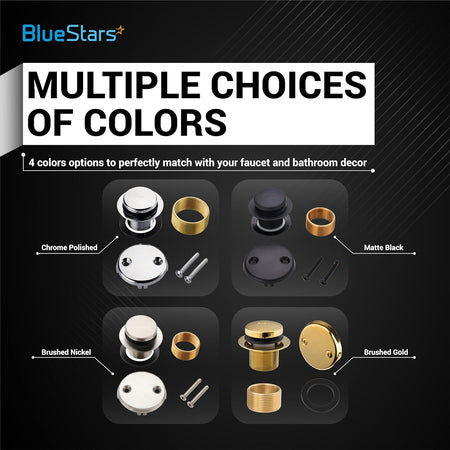 Tip-Toe Tub Trim Kit color options including chrome, matte black, brushed nickel, and brushed gold finishes.