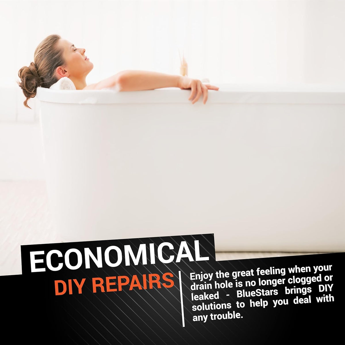 Woman relaxing in a bathtub with text overlay promoting economical DIY tub repair solutions.