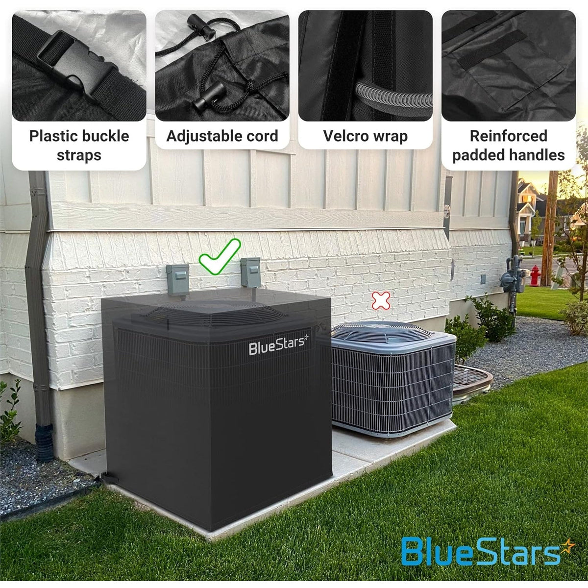 Features of waterproof outdoor AC unit cover including buckle straps, adjustable cord, velcro wrap, and padded handles.
