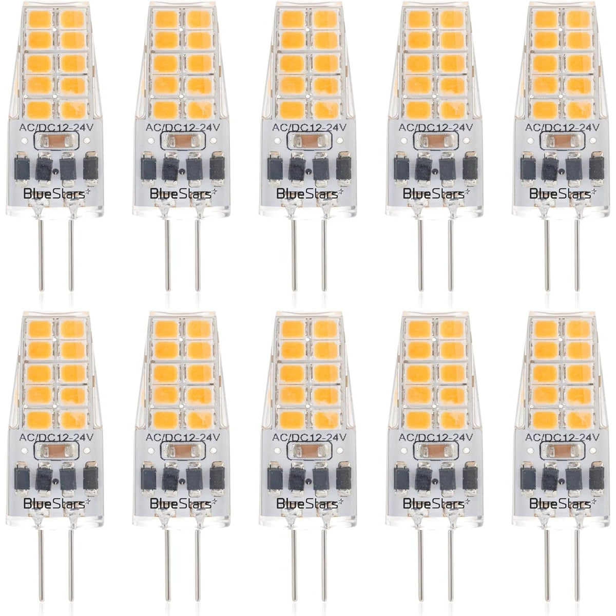 Pack of 10 G4 LED bi-pin bulbs, 12V warm white 3000K dimmable T3 halogen replacement lamps.