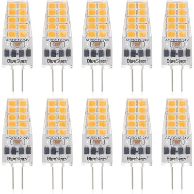 Pack of 10 G4 LED bi-pin bulbs, 12V warm white 3000K dimmable T3 halogen replacement lamps.