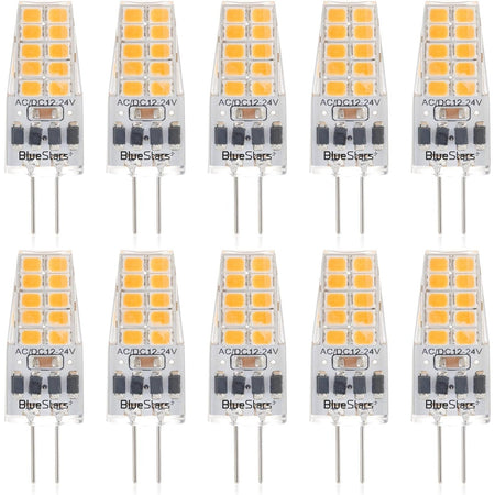 Pack of 10 G4 LED bi-pin bulbs, 12V warm white 3000K dimmable T3 halogen replacement lamps.