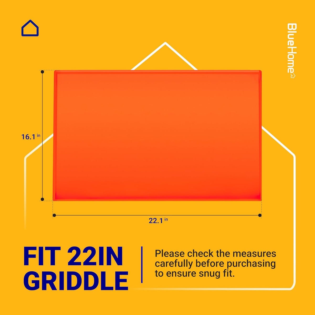 Orange 22-inch silicone griddle mat showing 22.1 by 16.1 inch dimensions for proper fitment.