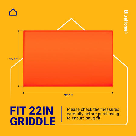 Orange 22-inch silicone griddle mat showing 22.1 by 16.1 inch dimensions for proper fitment.