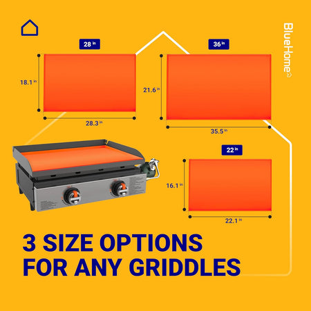 Size comparison chart for silicone griddle mats showing 22-inch, 28-inch, and 36-inch options on a flat-top grill.
