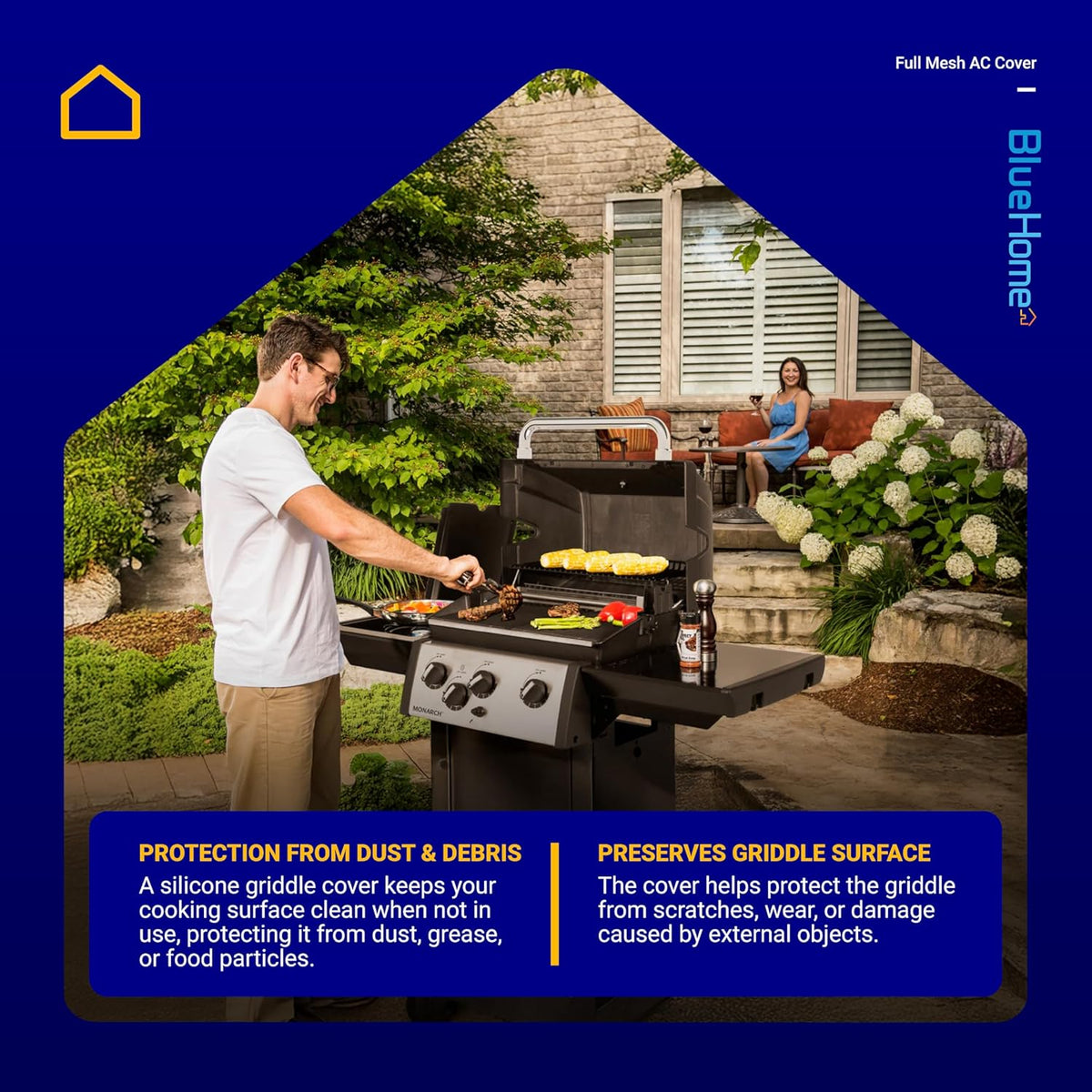 Man grilling on a 22-inch griddle, highlighting the protective benefits of a silicone griddle mat for outdoor cooking.