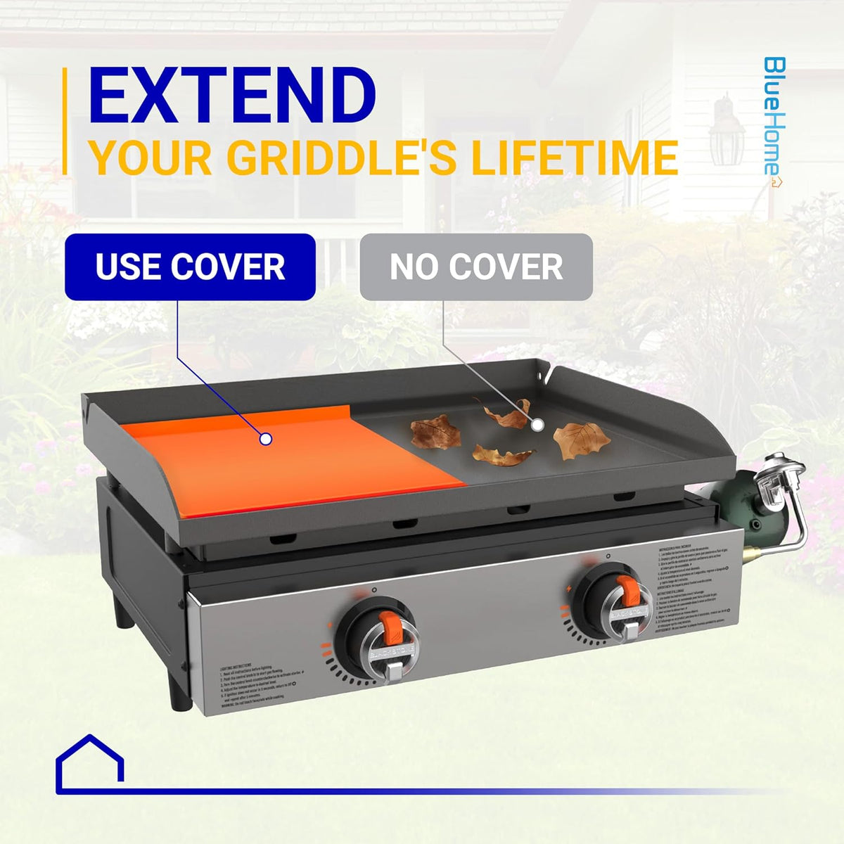 Comparison graphic showing a 22-inch silicone griddle mat protecting a grill surface versus an uncovered dirty griddle.