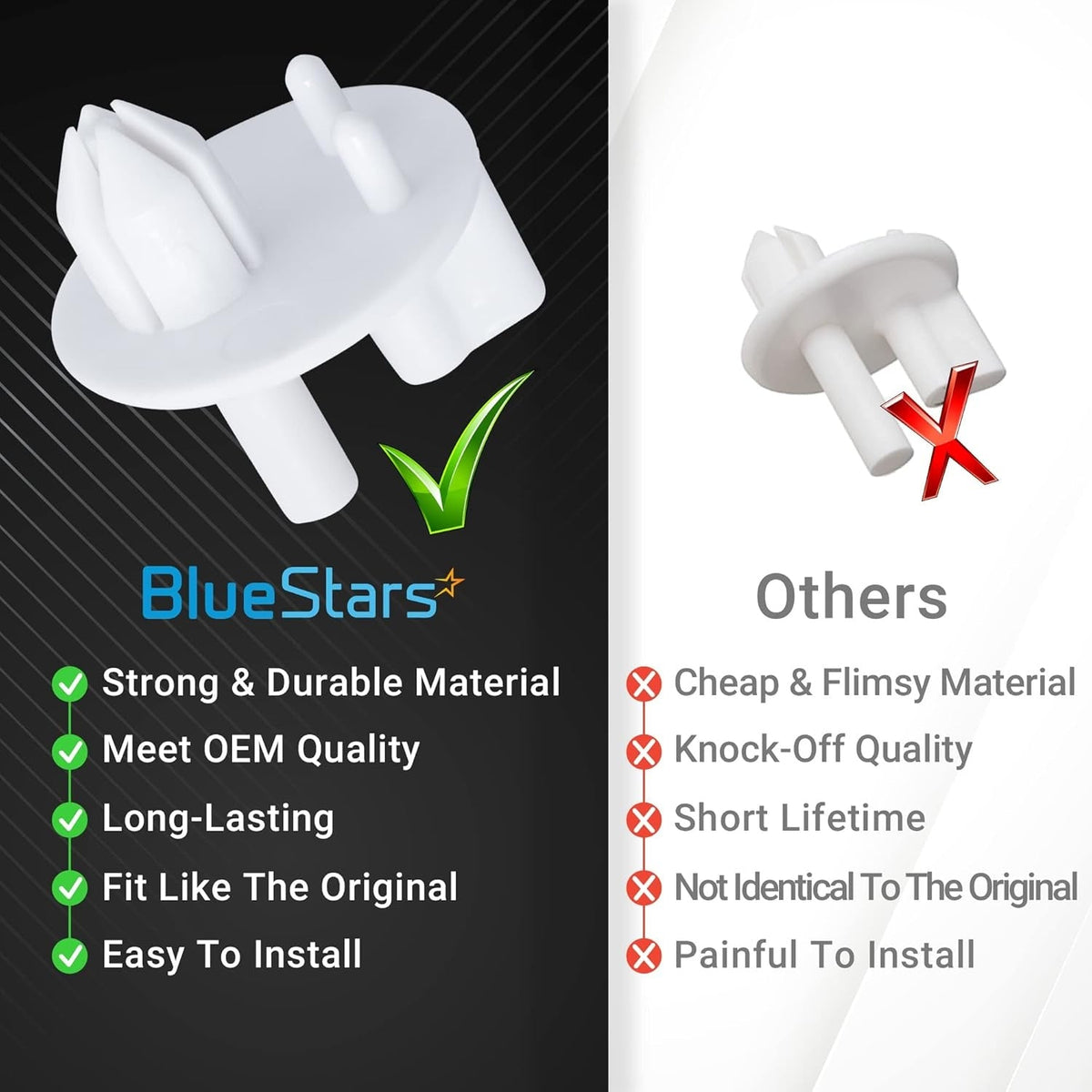 Comparison chart showing BlueStars refrigerator crisper cover support replacement versus generic alternatives.