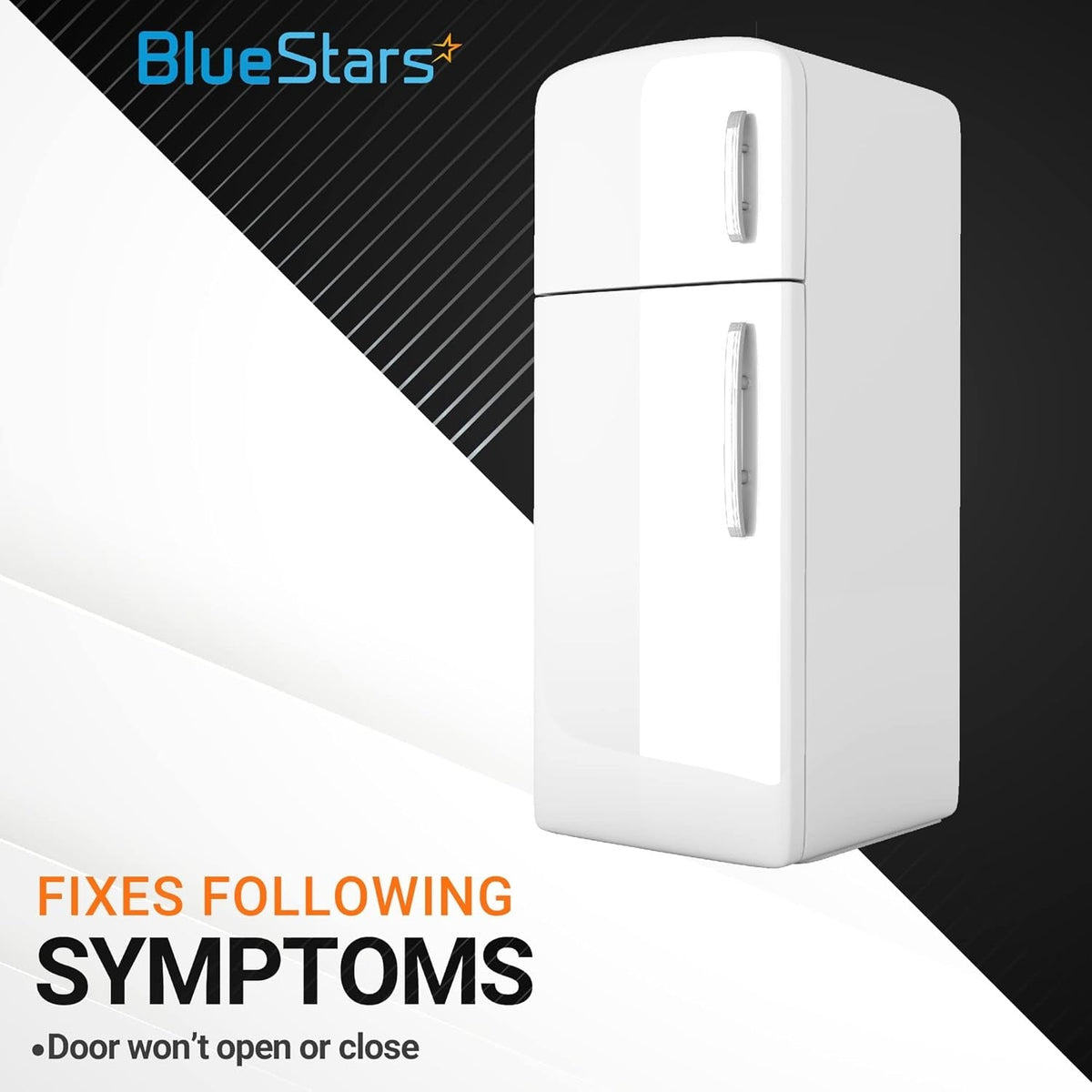 BlueStars refrigerator graphic showing a white fridge with door handle issues to illustrate repair symptoms.
