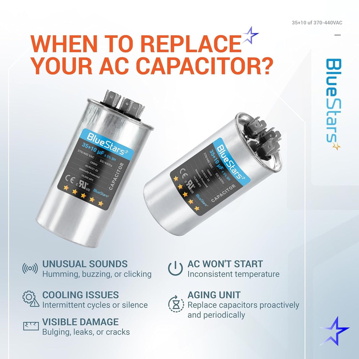 Infographic showing signs of when to replace a 35+10 uF dual run AC capacitor for condensers and heat pumps.