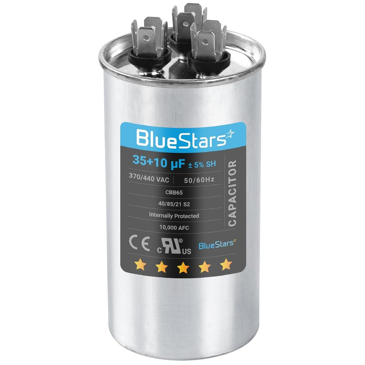 35+10 uF 370/440 VAC CBB65 dual run start round capacitor for AC condenser and motor.