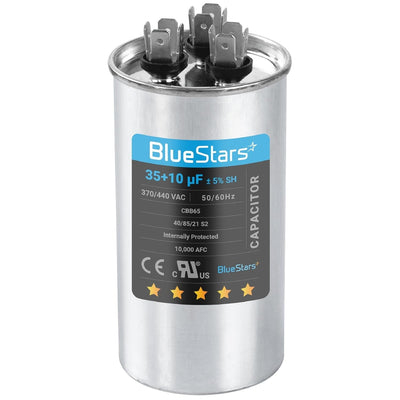 35+10 uF 370/440 VAC CBB65 dual run start round capacitor for AC condenser and motor.