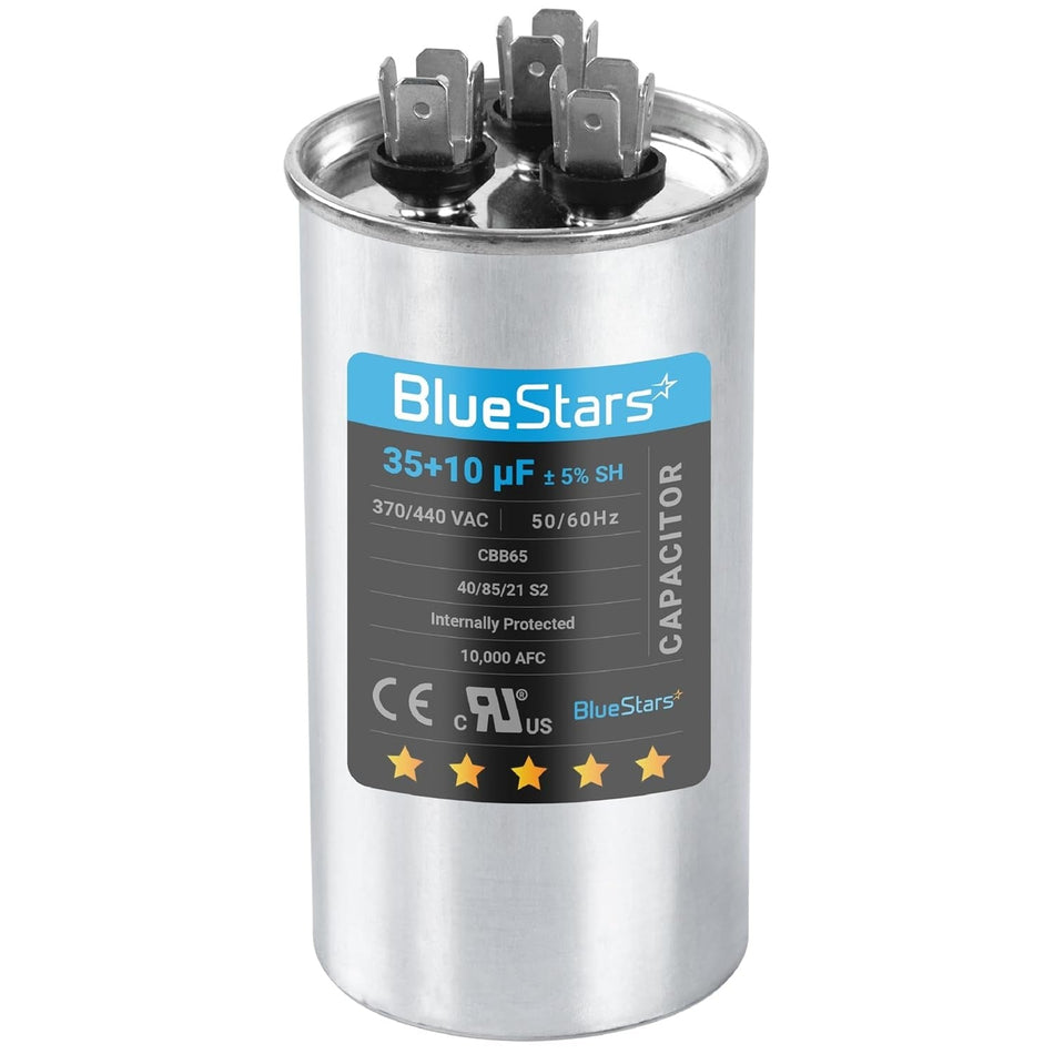 35+10 uF 370/440 VAC CBB65 dual run start round capacitor for AC condenser and motor.