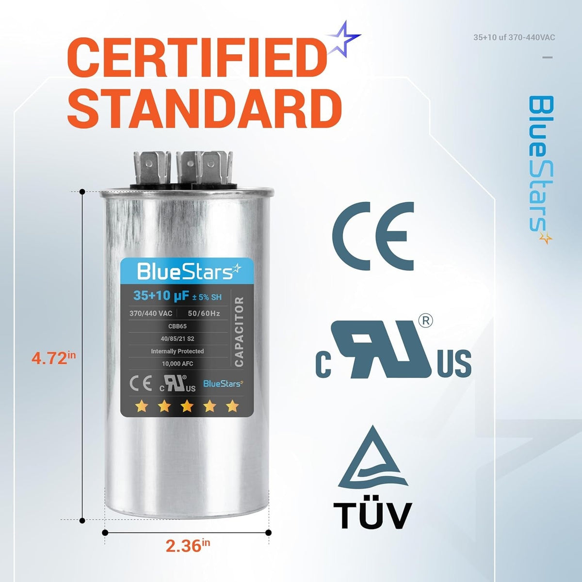 BlueStars 35+10 uF 370/440 VAC dual run capacitor with dimensions and safety certification labels.