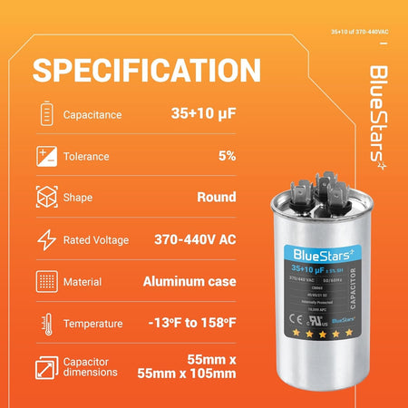 Specification chart for 35+10 uF 370/440 VAC CBB65 dual run round capacitor with technical details and dimensions.