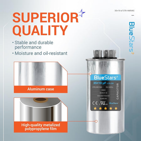 BlueStars 35+10 uF dual run capacitor with aluminum case and metalized polypropylene film construction details.