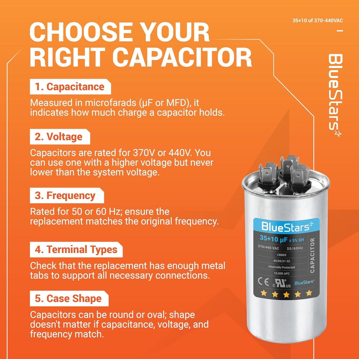 Infographic guide for selecting a 35+10 uF 370/440 VAC dual run round capacitor for AC and heat pump systems.