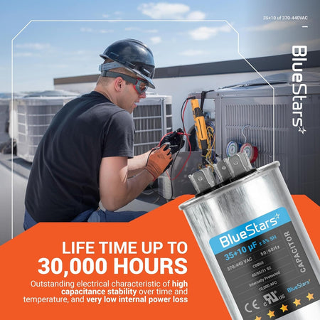 BlueStars 35+10 uF 370/440 VAC dual run capacitor shown with a technician repairing an AC condenser unit.