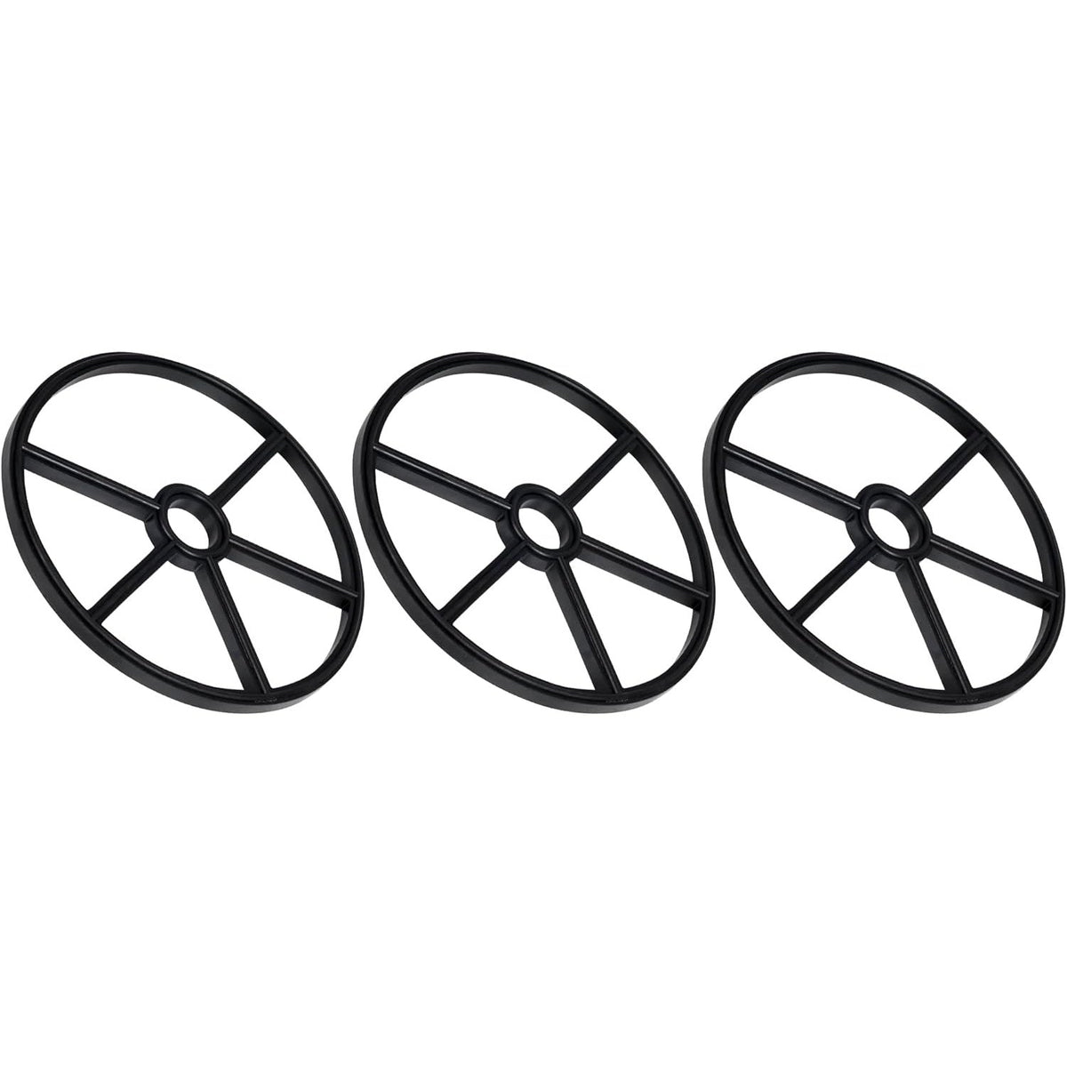Three black SPX0715D pool valve seat gaskets arranged in a row.