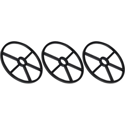 Three black SPX0715D pool valve seat gaskets arranged in a row.