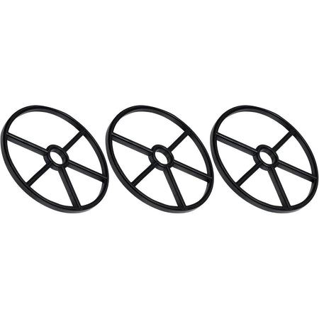 Three black SPX0715D pool valve seat gaskets arranged in a row.