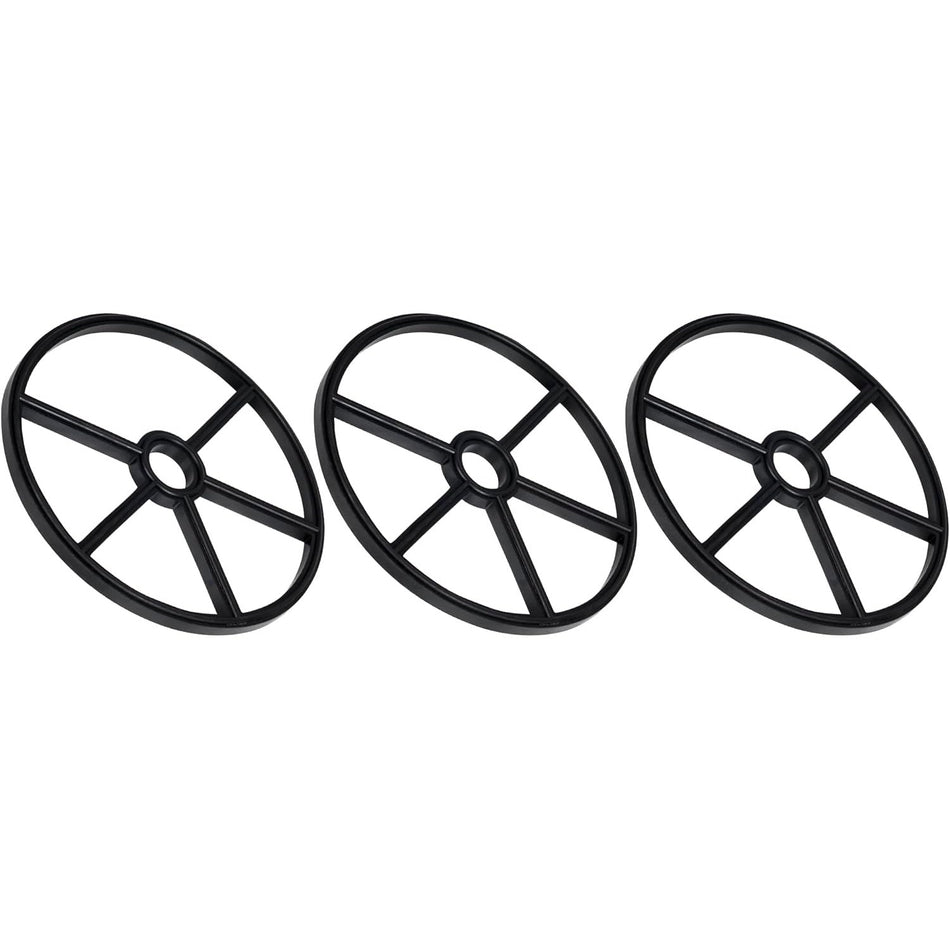 Three black SPX0715D pool valve seat gaskets arranged in a row.