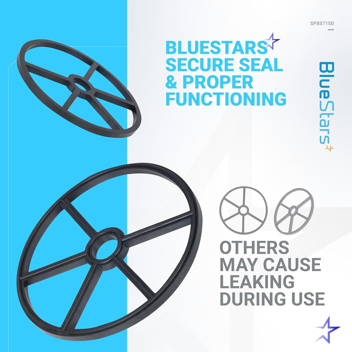 Two SPX0715D black pool valve seat gaskets shown in a promotional graphic for secure sealing.