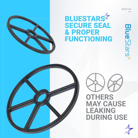 Two SPX0715D black pool valve seat gaskets shown in a promotional graphic for secure sealing.