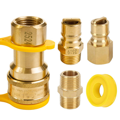 Gas pressure regulator kit with brass 1/2 inch NPT conversion adapters and quick connect fittings.